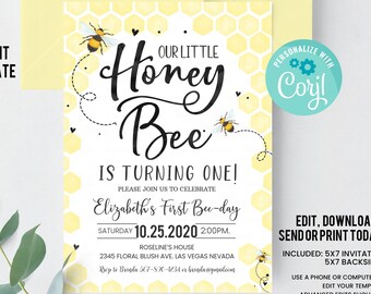 Invitación de cumpleaños de abeja editable Fiesta de cumpleaños de abeja de miel Abeja 1er cumpleaños Tema de abejorro invita a plantilla imprimible Descarga instantánea