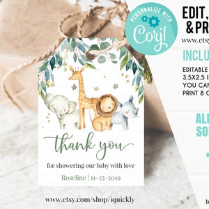 Safari Baby Shower Favor tags EDITABLE, Gender Neutral, Jungle Thank you tags, A wild one Gift tags Template printable Instant download