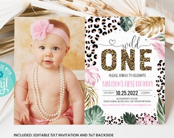 Bewerkbare Wild One Leopard Print Jungle verjaardagsfeestje uitnodiging Leopard Print 1e verjaardag partij sjabloon digitale download uitnodigen