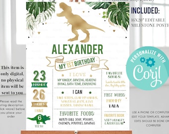 Cartel de cumpleaños de hito de oro de dinosaurio EDITABLE Signo de pizarra de primer cumpleaños, cartel de 1er cumpleaños rosa y dorado Plantilla de descarga instantánea