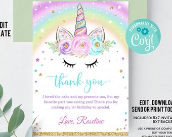 EDITABLE Unicorn Thank you card, Magical unicorn First Birthday Note card, Printable 1st Birthday Invite Template, Girl, Instant download