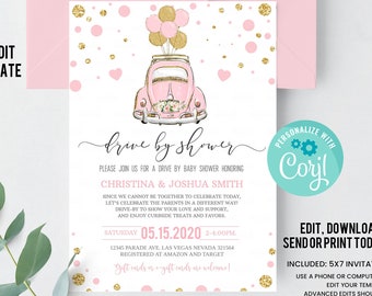 Editable Drive By Baby Shower Invitation Pink Polka dot Drive Through Baby Shower Invitation Social Distancing Baby Shower Instant Download