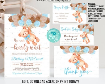 Editable Teddy Bear Baby Shower Invitation Set Bear Themed Invite Bundle Printable Bear Balloons Invitations Package, Pack template download