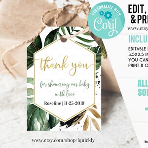 Tropical Baby Shower Favor tags EDITABLE, Gender Neutral, Greenery Palm leaf Thank you tags, Gift tags template printable Instant download