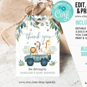Editable Drive by Baby Shower Favor Tag Safari Animal Drive Through Gift Tag Drive-By Baby shower Thank you tags Parade Instant Download image 1