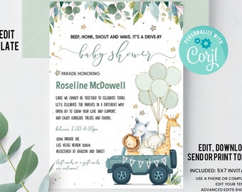 Drive By Baby Shower Invitation Safari Animal Drive Through Gender neutre Invite Social Distance Boy Baby Shower Téléchargement instantané