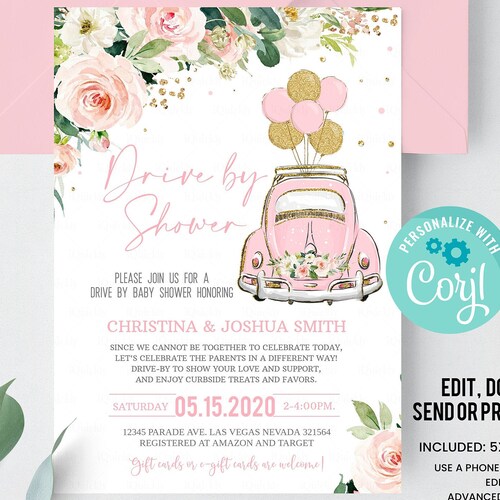 Editable Drive by Baby Shower Invitation Pink Floral Drive Etsy