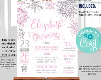 Winter Onederland Milestone Birthday Poster, EDITABLE Snowflakes First Birthday Chalkboard sign, Pink Silver 1st birthday poster download