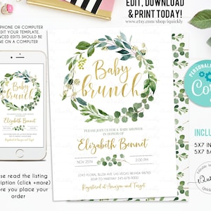 Greenery Baby Shower Invitation EDITABLE, Eucalyptus Baby Shower Invite, Green Gold Wreath Invitations Baby Brunch Instant download template