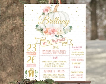 EDITABLE Pumpkin Milestone Birthday Poster First Birthday Chalkboard sign Fall Pink and gold 1st birthday Instant download templates PUMP1