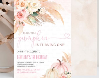 EDITABLE Pumpkin 1st Birthday Invitation, Boho Pampas Girl Pumpkin First birthday Invite Fall Autumn Instant Download Template PB07