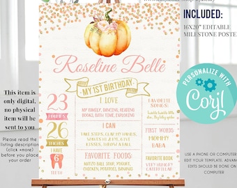 Può includere: Un poster di pietre miliari stampabile di 40,6 x 50,8 cm per un primo compleanno. Il poster presenta una zucca, glitter dorati e testo rosa e dorato. Il testo include il nome "Roseline Belle", "Il mio primo compleanno" e dettagli sui traguardi del bambino, come l'età, l'altezza e i cibi preferiti.