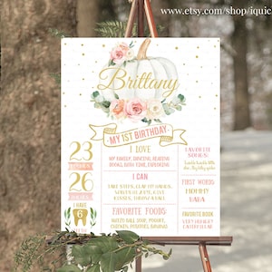 EDITABLE Pumpkin Milestone Birthday Poster First Birthday Chalkboard sign Fall Pink and gold 1st birthday Instant download templates PUMP1