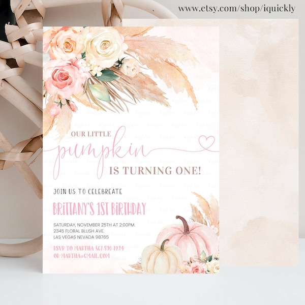 EDITABLE Pumpkin 1st Birthday Invitation, Boho Pampas Girl Pumpkin First birthday Invite Fall Autumn Instant Download Template PB07