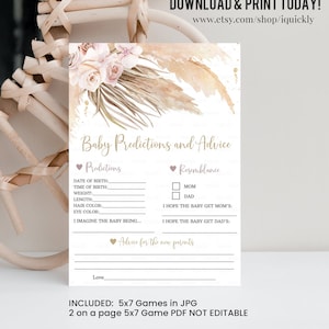 Boho Pampas Herbe Bébé Prédictions Conseils Baby Shower Jeu Conseils Carte Rustique Genre Neutre Douche Jeux Imprimable Téléchargement Numérique Instantané
