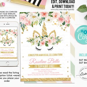 Unicorn Pink and Gold birthday invitation Editable, Unicorn party, Unicorn invite, Floal Girl Magical Unicorn, Instant download Template