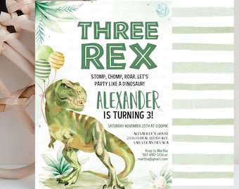 Editable Three Rex Invitation Boy, Dinosaur birthday invitation,Three rex birthday, three rex invite Printable Template Instant download