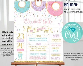 Editable Donut Milestone Birthday Poster, Doughnut 1st Birthday Board, Donut Grow Up Party Chalkboard sign Template Instant Download