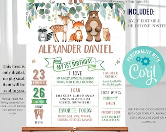 May include: A personalized 16x20 inch editable milestone poster for a baby's first birthday. The poster features a woodland theme with a bear, deer, fox, and owl. The poster includes the baby's name, Alexander Daniel, and details about their first year, including weight, height, and teeth. The poster is designed to be personalized with the baby's name and other details.