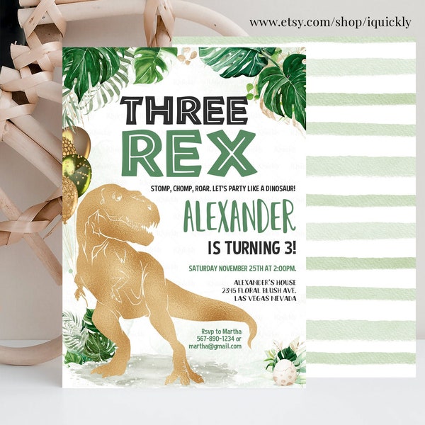 Editable Three Rex Invitation Boy, Dinosaur birthday invitation,Three rex birthday, three rex invite Printable Template Instant download