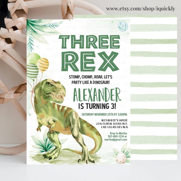 Editable Three Rex Invitation Boy, Dinosaur birthday invitation,Three rex birthday, three rex invite Printable Template Instant download