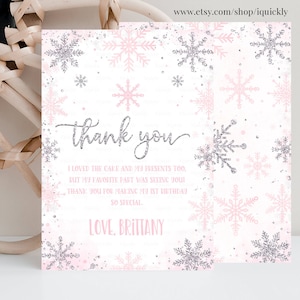 Tarjeta de agradecimiento editable de Winter Onederland, Tarjeta de nota de primer cumpleaños de Girl Snowflake Pink Silver Winter Wonderland Plantilla Descargar Winter01