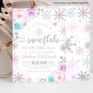 Editable Snowflake baby shower invitation, A little snowflake is on the way, Girl Winter invites, Template Printable Digital Download