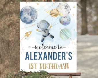 Editable Premier voyage autour du soleil Welcome Sign Outer Space Welcome Sign Galaxy Blast off Printable Party Sign, Yard sign Télécharger imprimable