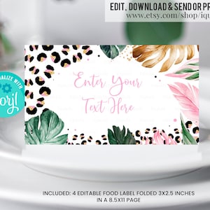 Etiquetas de comida editáveis com estampa de leopardo Safari Criança selvagem Animais da selva Buffet Cartões Safari Animal Print Mesa Tenda Cartões Digital Instantâneo LE006