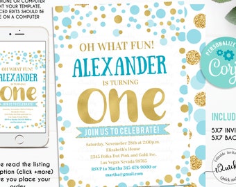 EDITABLE Blue & Gold first birthday invitation, Confetti 1st birthday Invitations, Blue Gold Glitter Boy Invite Instant download Template
