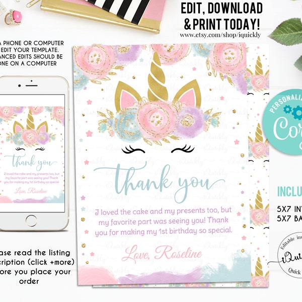 EDITABLE Unicorn Thank you card, Magical unicorn First Birthday Note card, Printable 1st Birthday Invite Template, Girl, Instant download 2