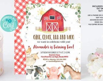 Editable Farm Birthday Invitation, Boy Barn Party, Digital Invite, Farm Animals Barnyard Boy Invitations INSTANT DOWNLOAD printable template