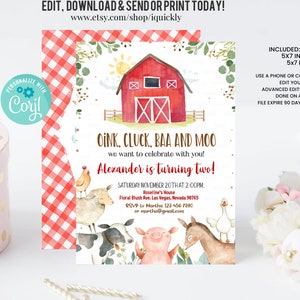 Editable Farm Birthday Invitation, Boy Barn Party, Digital Invite, Farm Animals Barnyard Boy Invitations INSTANT DOWNLOAD printable template