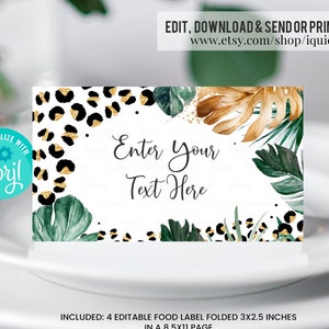 Bewerkbare Safari Leopard Print Voedseletiketten Wild Child Jungle Dieren Buffetkaarten Safari Animal Print Tafeltentkaarten Digitale Instant