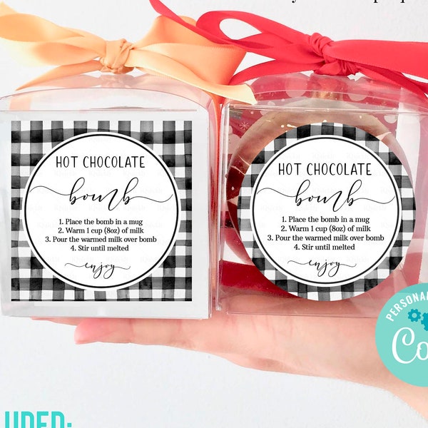 Editable Hot Chocolate Bomb Label Black Gingham Hot Cocoa Bombs Directions Instructions Christmas Bomb Gift Tag Printable Party Favor