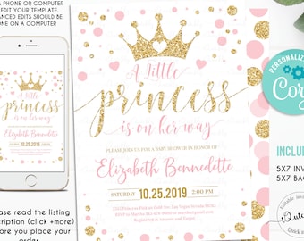 Editable Princess Baby Shower Invitation, Pink and Gold Little Princess Invitations, Gold Girl Invite, Instant Download Template Digital