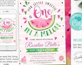 Editable Watermelon Invitation, One in a Melon First Birthday invitations, Pink Watermelon Party invite Instant download Printable digital