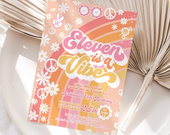 Editable Groovy 11th Birthday Invitation EDITABLE Eleven is a Vibe Daisy Rainbow Hippie Invite Template Instant Download