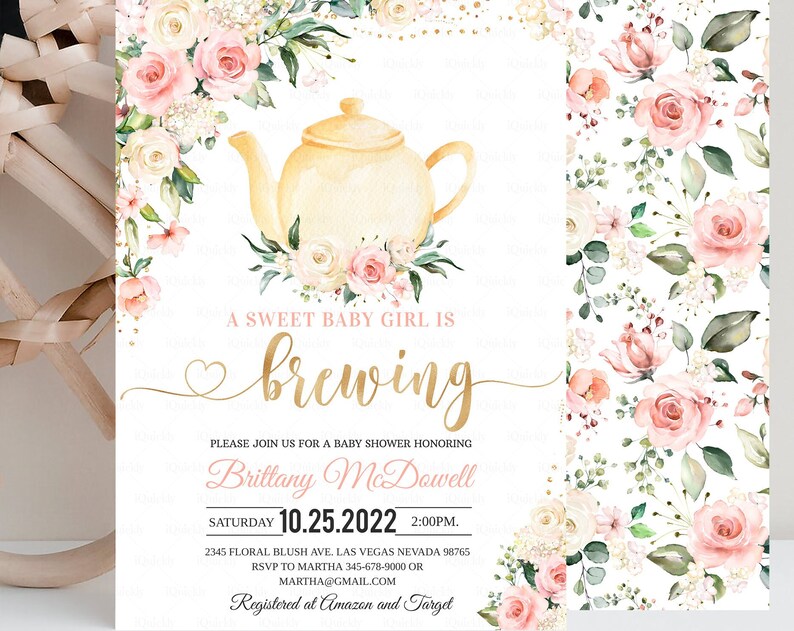 Editable Tea Party Baby Shower Invitation Template Tea Party Pink Floral Girl Baby Is Brewing Digital Printable Instant