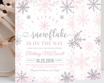 Editable Snowflake baby shower invitation, A little snowflake is on the way, Girl Winter invites, Template Printable Digital Download