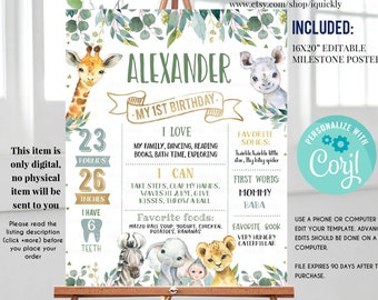 Wild One Milestone Birthday Poster, EDITABLE Safari First Birthday Chalkboard sign, Jungle 1st birthday poster Instant download template