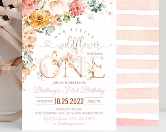 Wildflower Birthday Invitation Girl, Garden first birthday Invite, Wildflower 1st birthday party Printable Template Instant Download