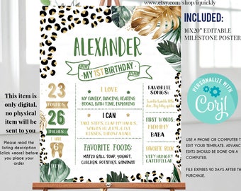 May include: Editable 16x20 inch milestone poster with a jungle theme. The poster features a leopard print background, green leaves, and gold accents. The poster is personalised with the name "Alexander" and includes information about the child's first birthday, including weight, height, favourite foods, songs, and words.