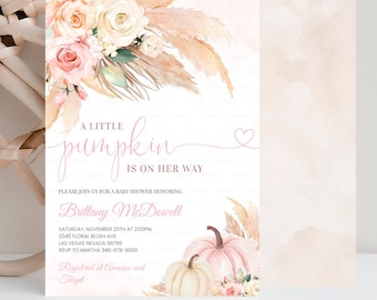 EDITABLE Pumpkin Baby Shower Invitation, Boho Pampas little Pumpkin Shower Invites, Fall Autumn Instant Download Template PB05