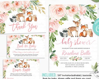 Woodland Baby Shower Invitation Set, EDITABLE Girl Pack, woodland animals invitations Package, Woodland Theme Instant download Template