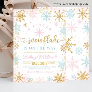 Editable Snowflake baby shower invitation, A little snowflake is on the way, Girl Winter invites, Template Printable Digital Download