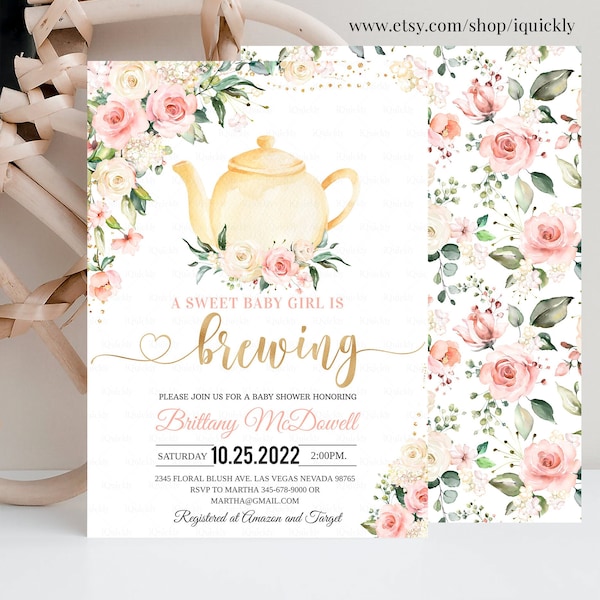 Editable Tea Party Baby Shower Invitation Template, Tea Party , Pink Floral Girl Baby Is Brewing, Digital Printable Instant download