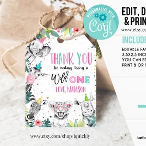 Editable Party Animals Favor Tags Wild One Animals Thank You Tags Safari Zoo Girl Birthday Wild Time Gift Tag Digital Corjl Template