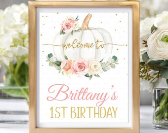 EDITABLE Pumpkin Floral Baby Shower Welcome Pink and gold Pumpkin Sign Decorations  Flower White Instant download Templates Printable PUMP1