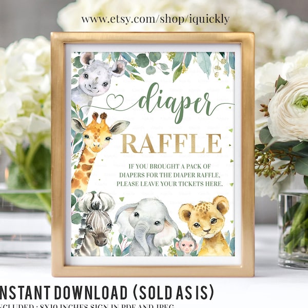 Safari Diaper Raffle Sign, Printable Diaper Raffle Baby Shower Sign, Jungle Diaper Game Decor Decoration Printable Digital Instant Download